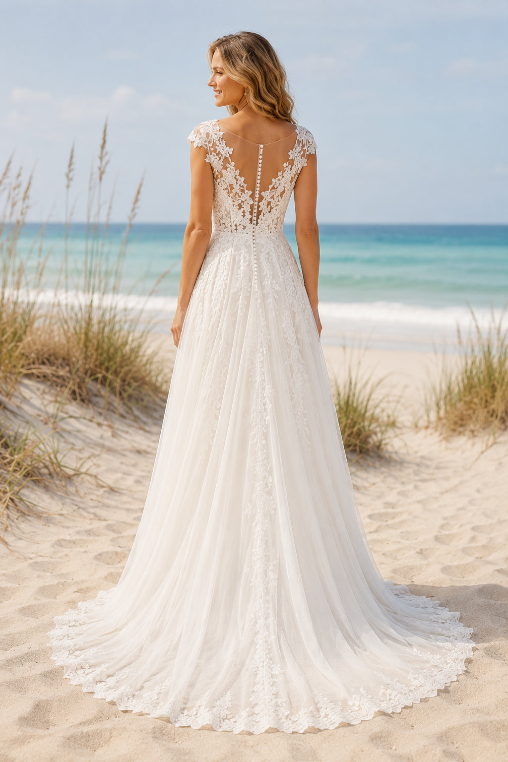 Ivory Cap Sleeve Lace A-Line Wedding Dress V-Neck Tulle Train for Bridal Ceremony and Reception back view