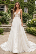 Ivory Spaghetti Strap Lace A-Line Wedding Dress with Deep V-Neck and Chapel Train front view