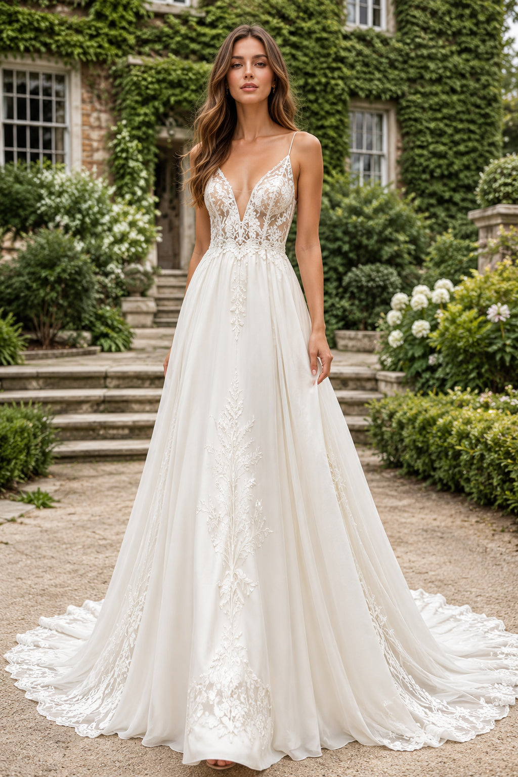 Ivory Spaghetti Strap Lace A-Line Wedding Dress with Deep V-Neck and Chapel Train front view