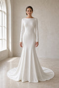 White Sweetheart Sheath Crepe Floor-length Wedding Dress With Sweep Train and Open Back and Open Back