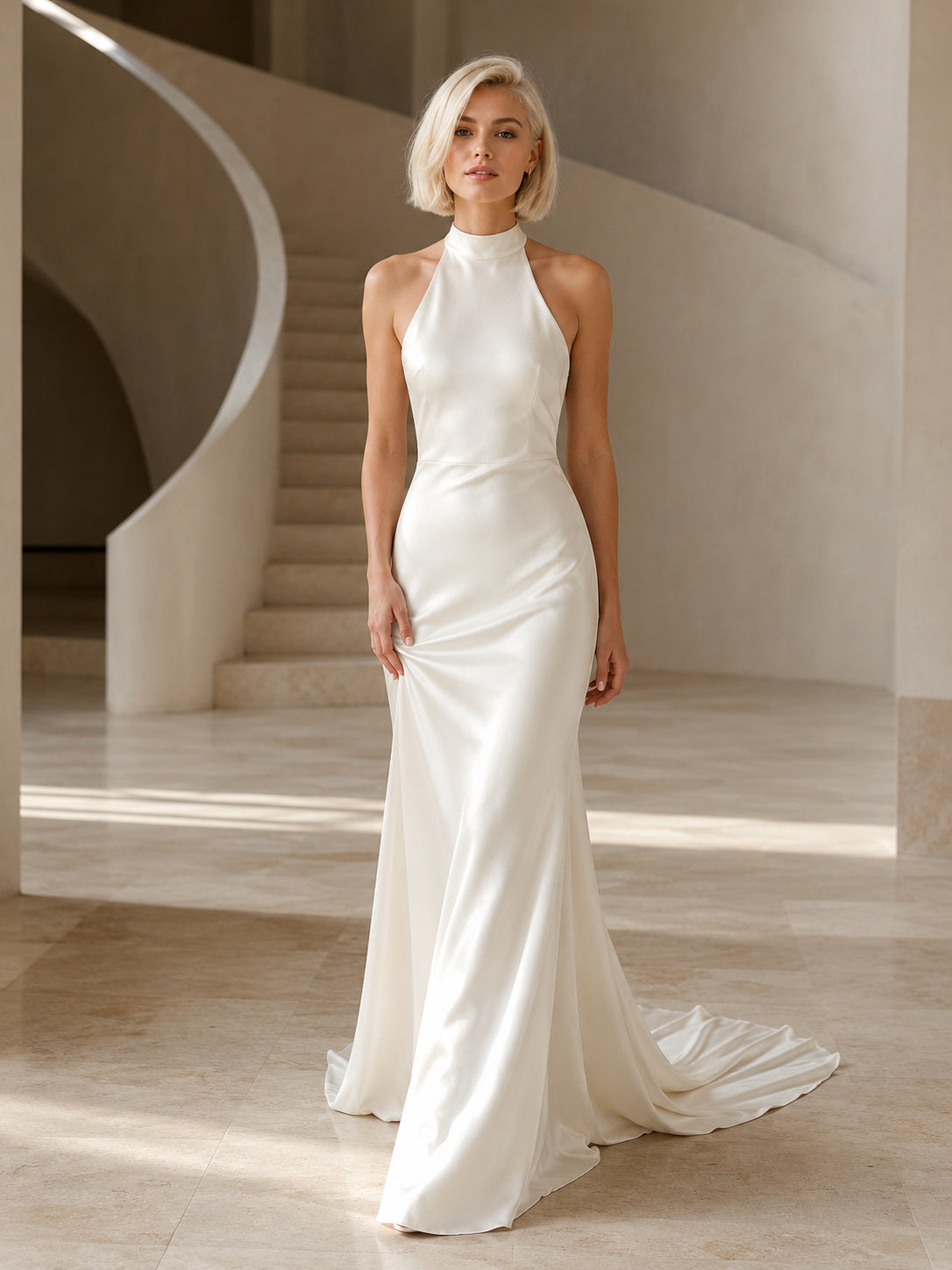 Minimalist Satin Wedding Dress Mermaid Halter Sleeveless Sweep Train Bridal Gown Style 722214 front view
