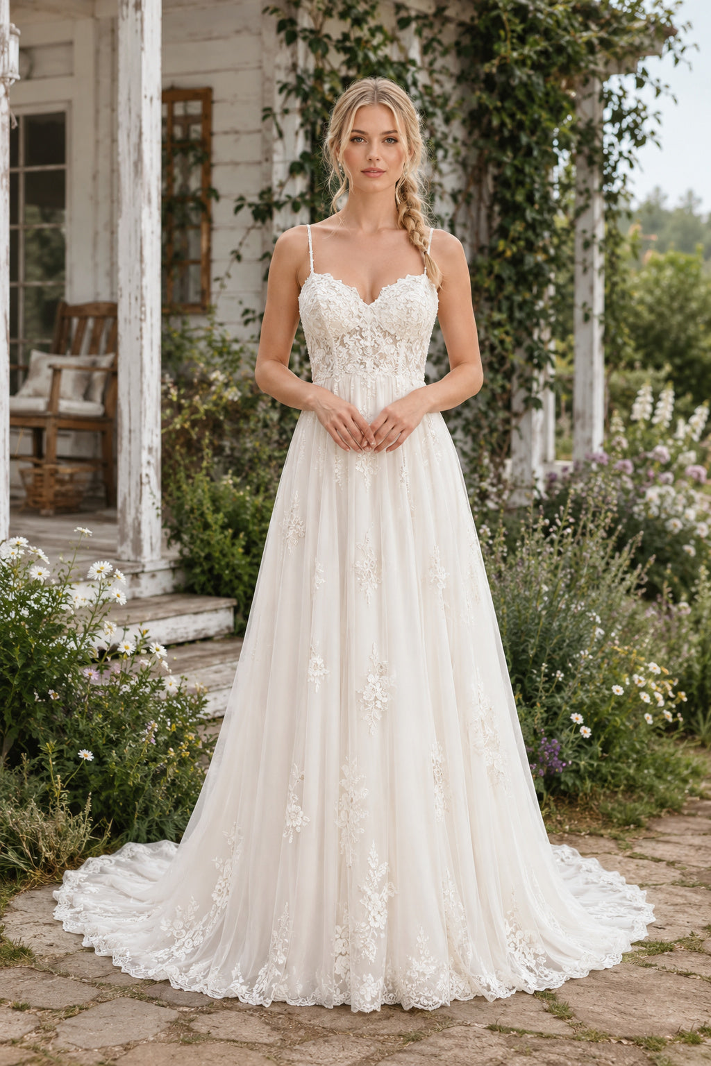 Spaghetti Strap Sweetheart A-Line Wedding Dress with Floral Lace and Tulle Train front view