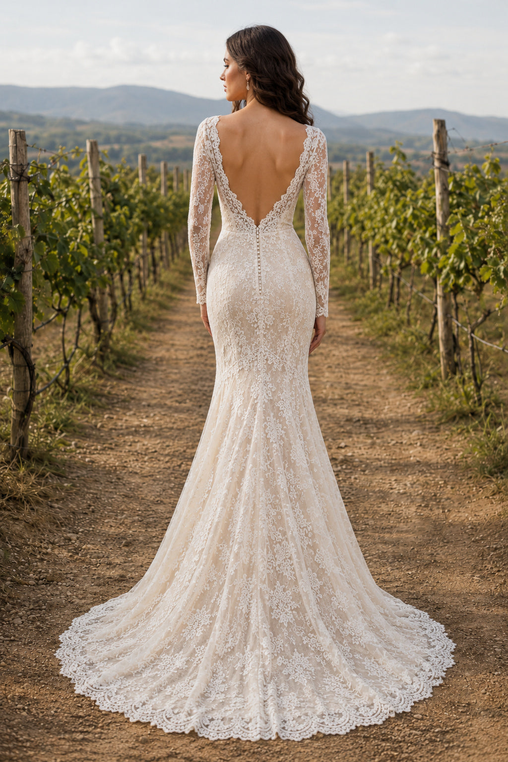 Ivory Square Neck Long Sleeve Lace Mermaid Wedding Dress with Low-V Back and Train back view