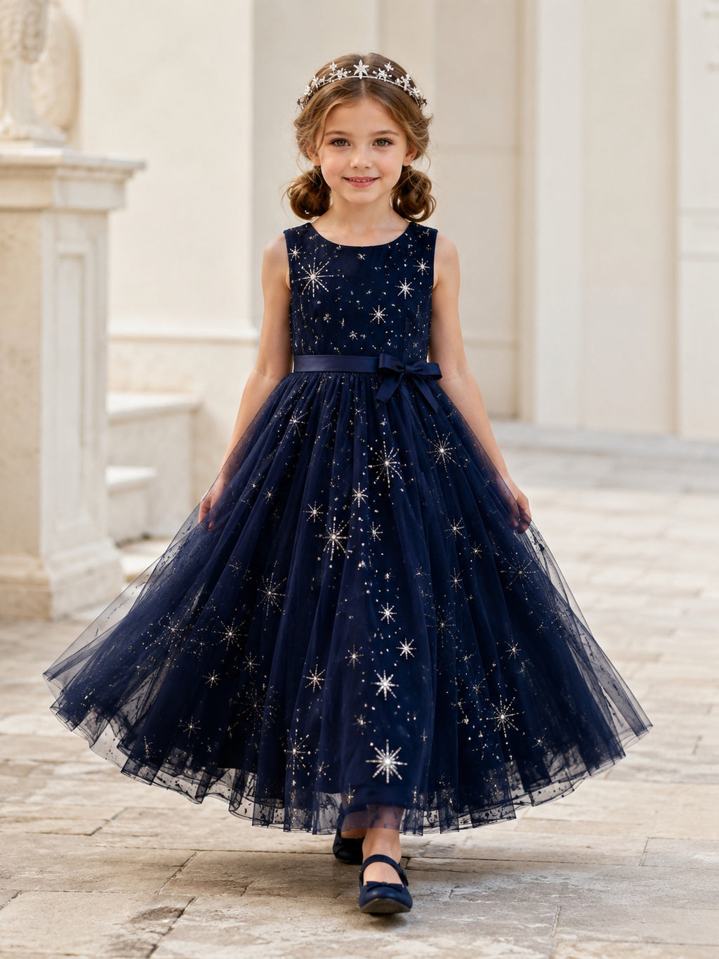 Navy Modern A-Line Tulle Flower Girl Dress Sleeveless Jewel Neck Tea-Length Sequin Star front view