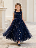 Navy Modern A-Line Tulle Flower Girl Dress Sleeveless Jewel Neck Tea-Length Sequin Star front view