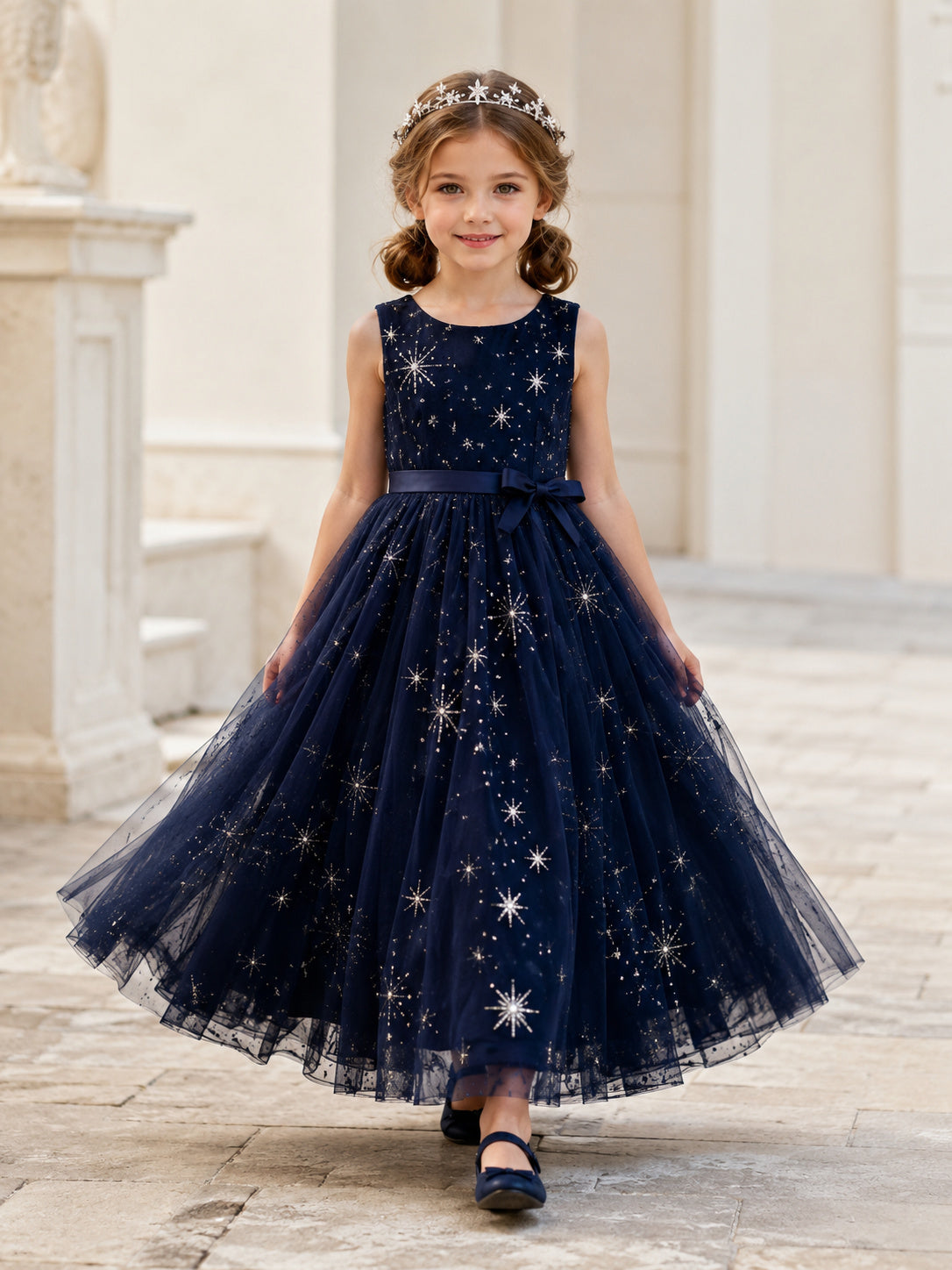 Navy Modern A-Line Tulle Flower Girl Dress Sleeveless Jewel Neck Tea-Length Sequin Star front view