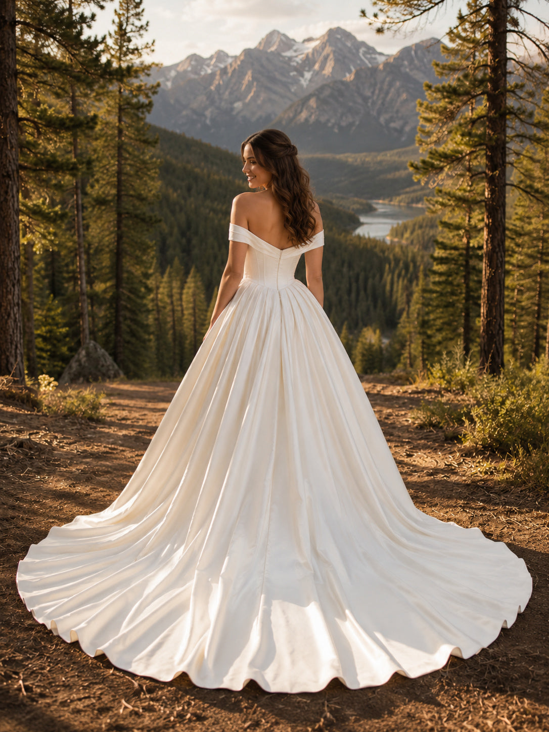 Off Shoulder Sweetheart Satin Ball Gown Chapel Train Mountain Wedding Dress back view