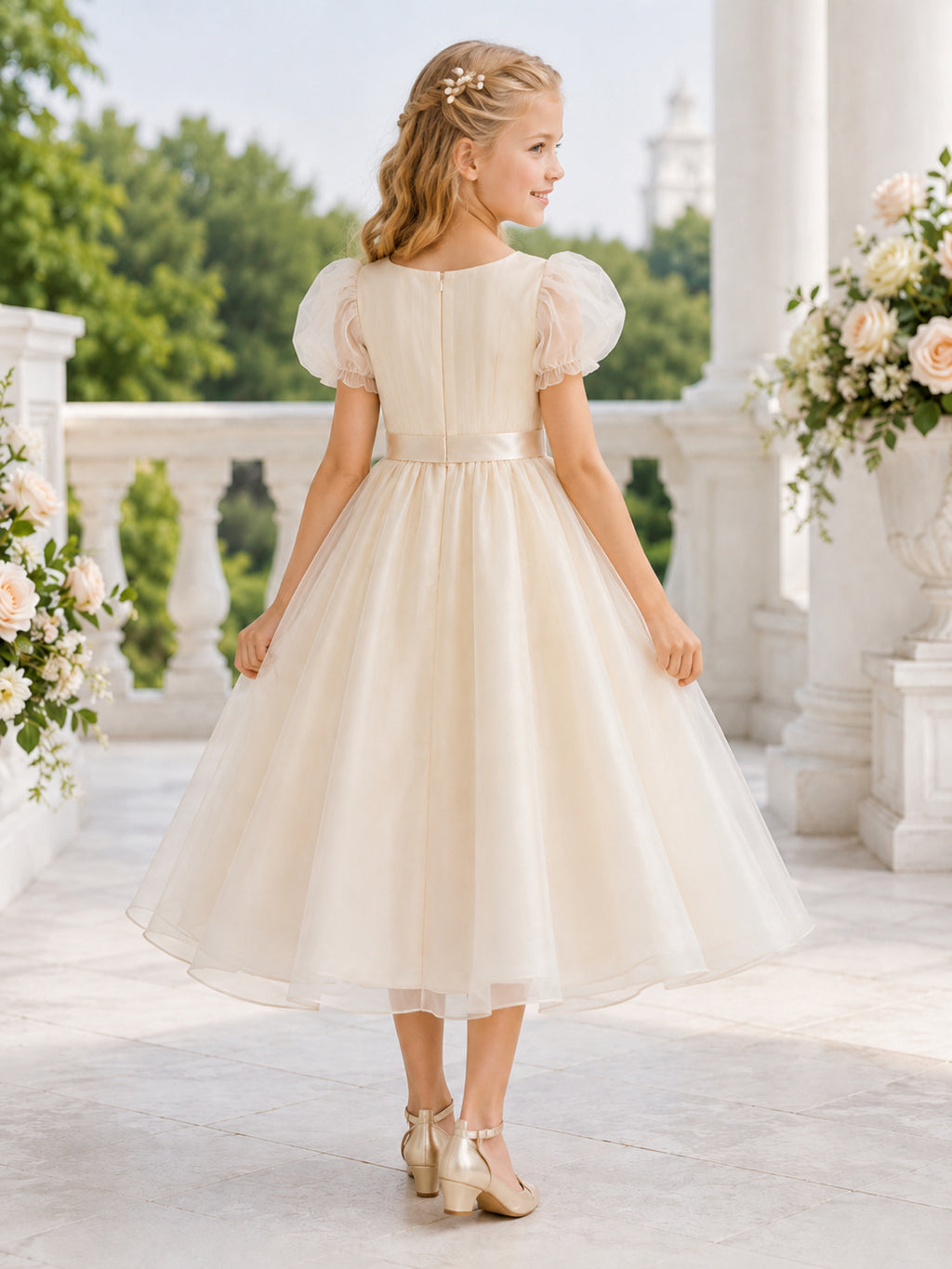 Classic Tulle with Bow A-Line Flower Girl Dress with Short Sleeves, Jewel Neck, Tea-Length Skirt and Bow Detail back view