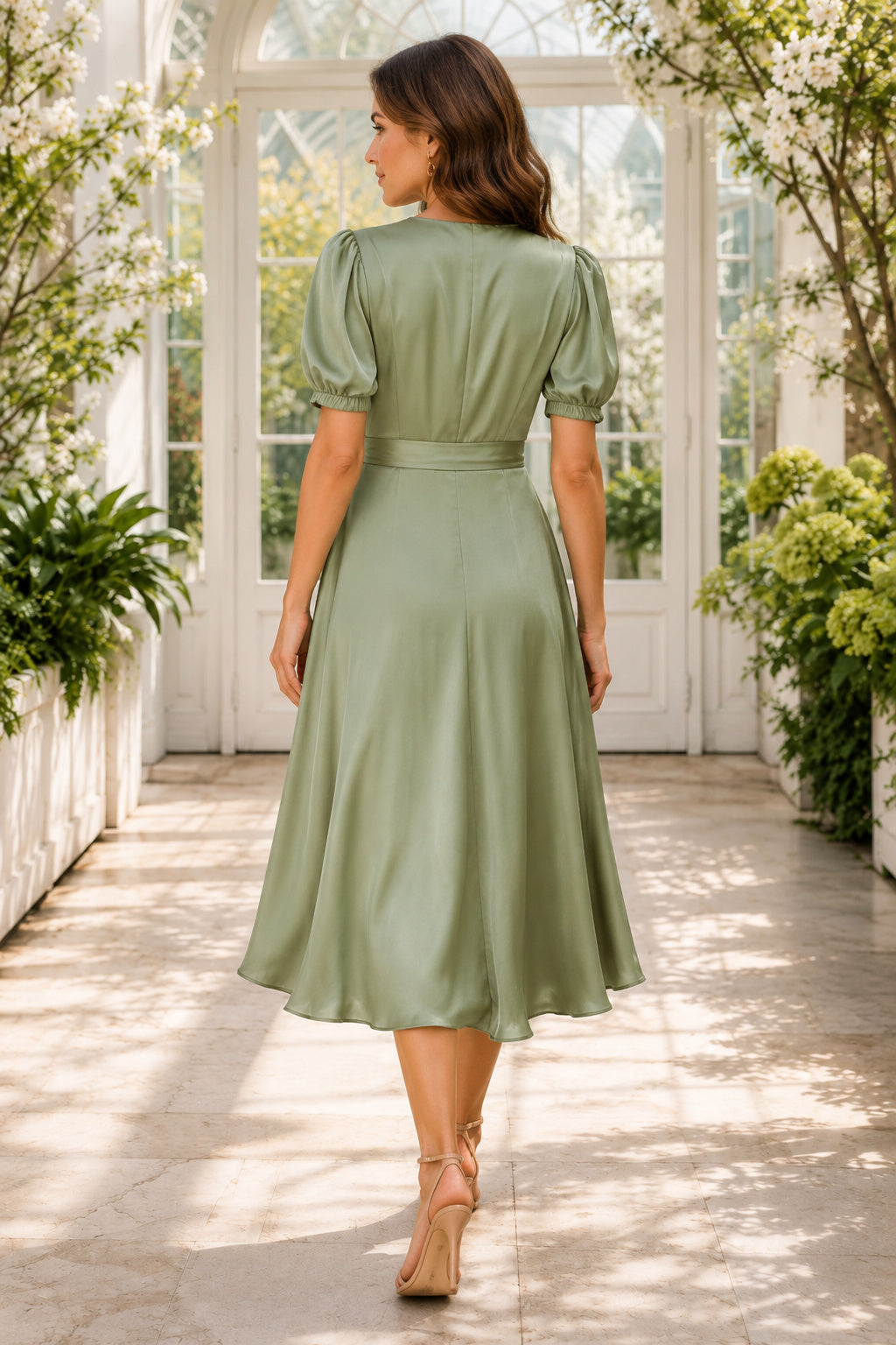 Sage Spring Wedding Guest Sheath Dress Style MG_301535 back view