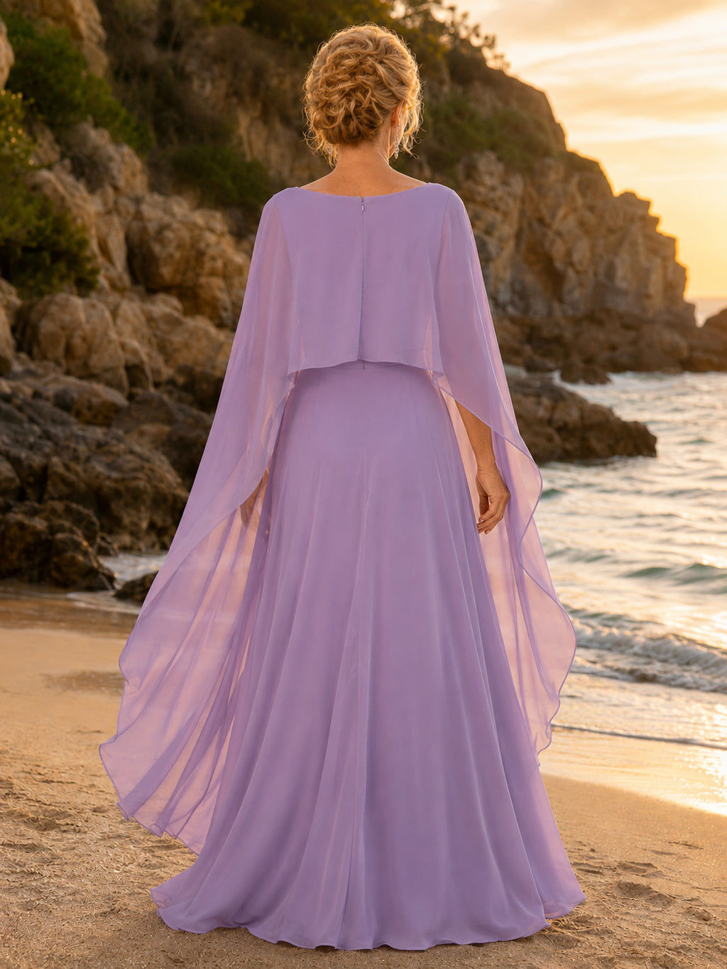 Lavender Ethereal Bateau Sleeveless Layered Chiffon Cape A-Line Floor-Length Sunset Beach Mother of the Bride Dress back view