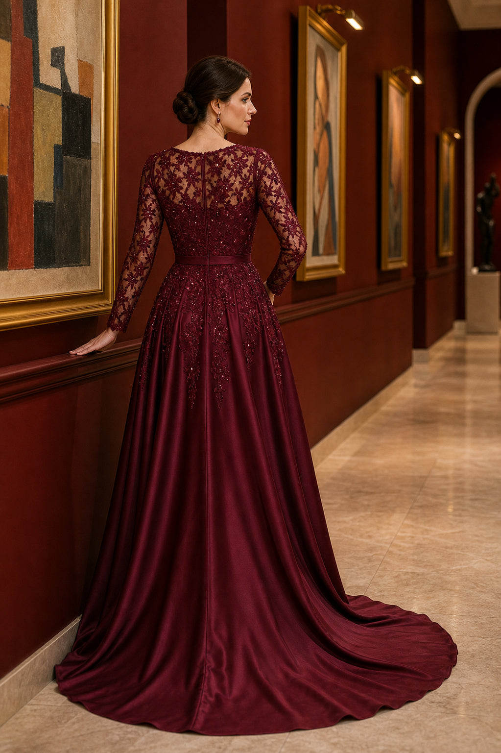 Burgundy Illusion Long Sleeve A-Line Satin Floor-Length Dress With Lace Bodice