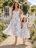 Blue Floral Square Neck Sleeveless Family Garden Midi Dress front view