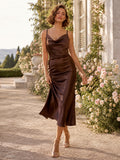 Chocolate Cowl Neck Low Back Satin Sheath Midi Guest Dress front view