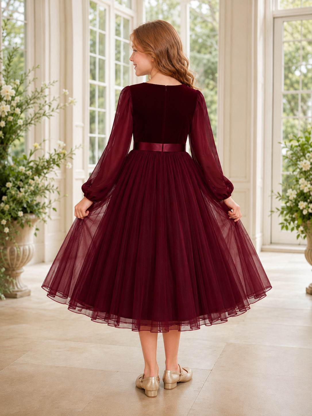 Flower Girl Dress A-Line Burgundy Modest Long Sleeve Tulle Evening back view