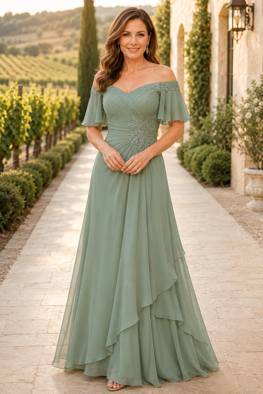 Sage Off Shoulder Chiffon A-Line Mother Dress with Flutter Sleeves and Ruffled Skirt front view
