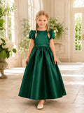Dark Green Satin Puff Sleeve A-Line Flower Girl Formal Tea-Length Bow Dress front view