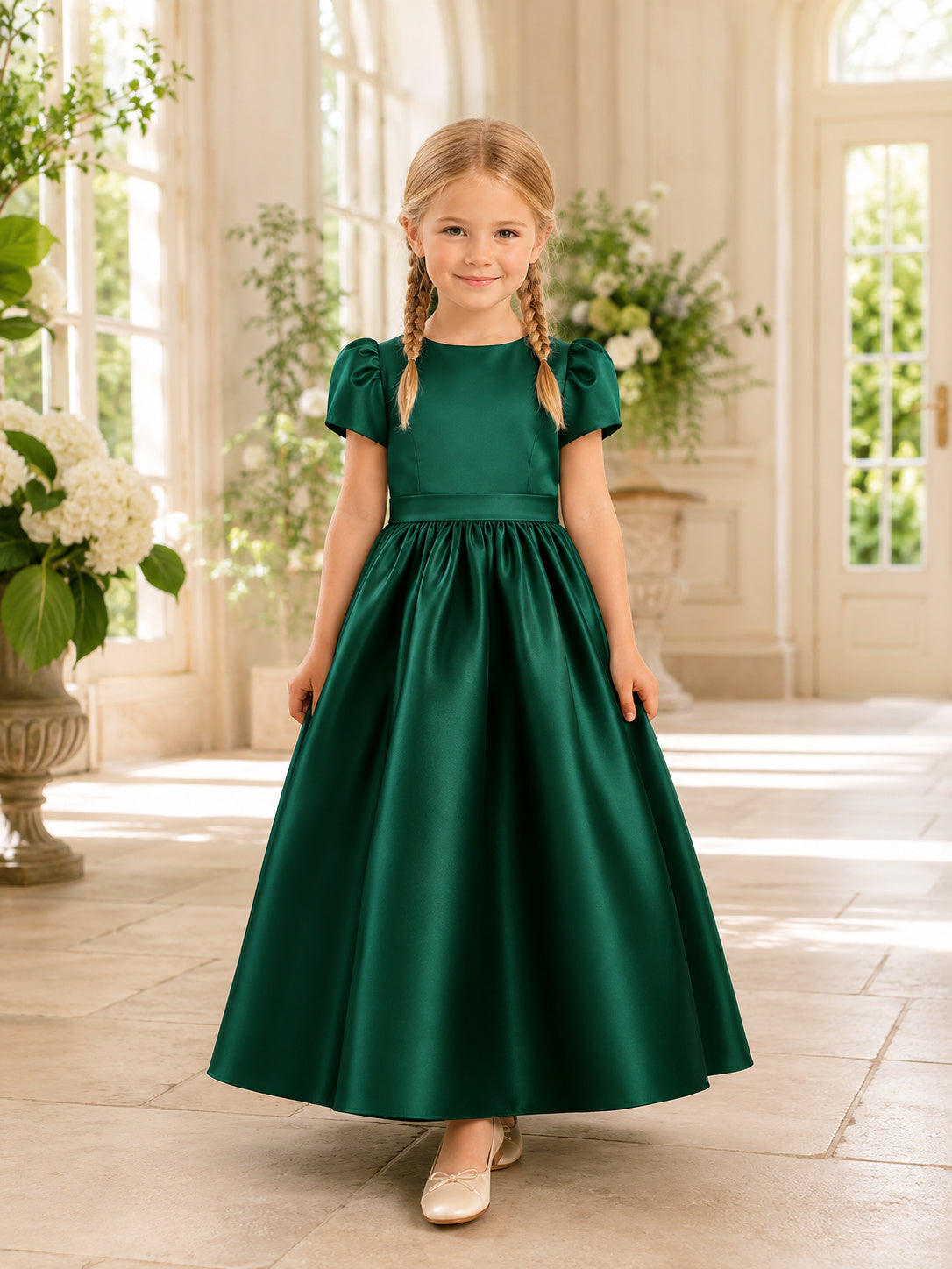 Dark Green Satin Puff Sleeve A-Line Flower Girl Formal Tea-Length Bow Dress front view