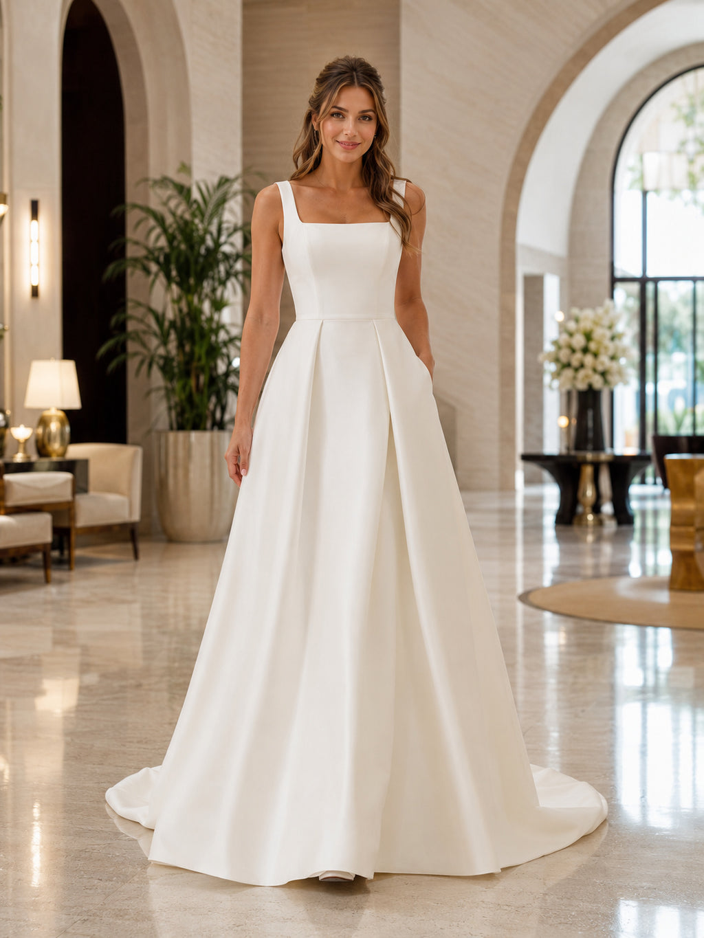 Minimalist Satin Wedding Dress A-Line Square Neck Sleeveless Court Train Bridal Gown front view