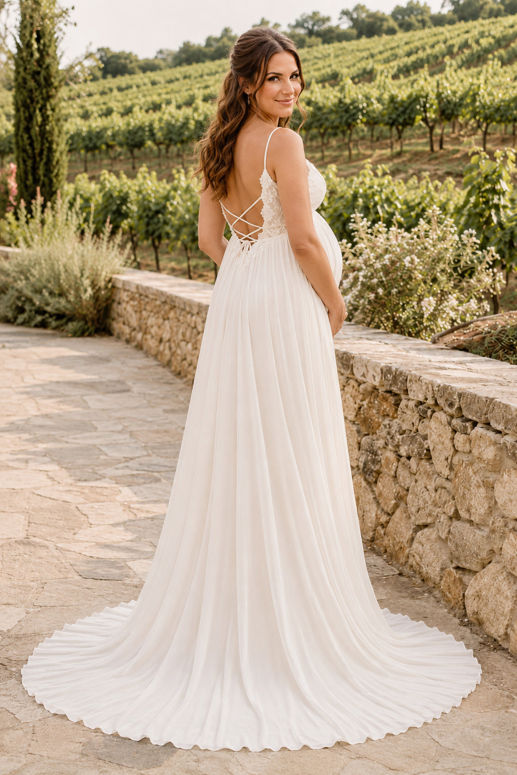 Ivory Maternity V-Neck Spaghetti Strap Chiffon A-Line Wedding Dress with Soft Train back view