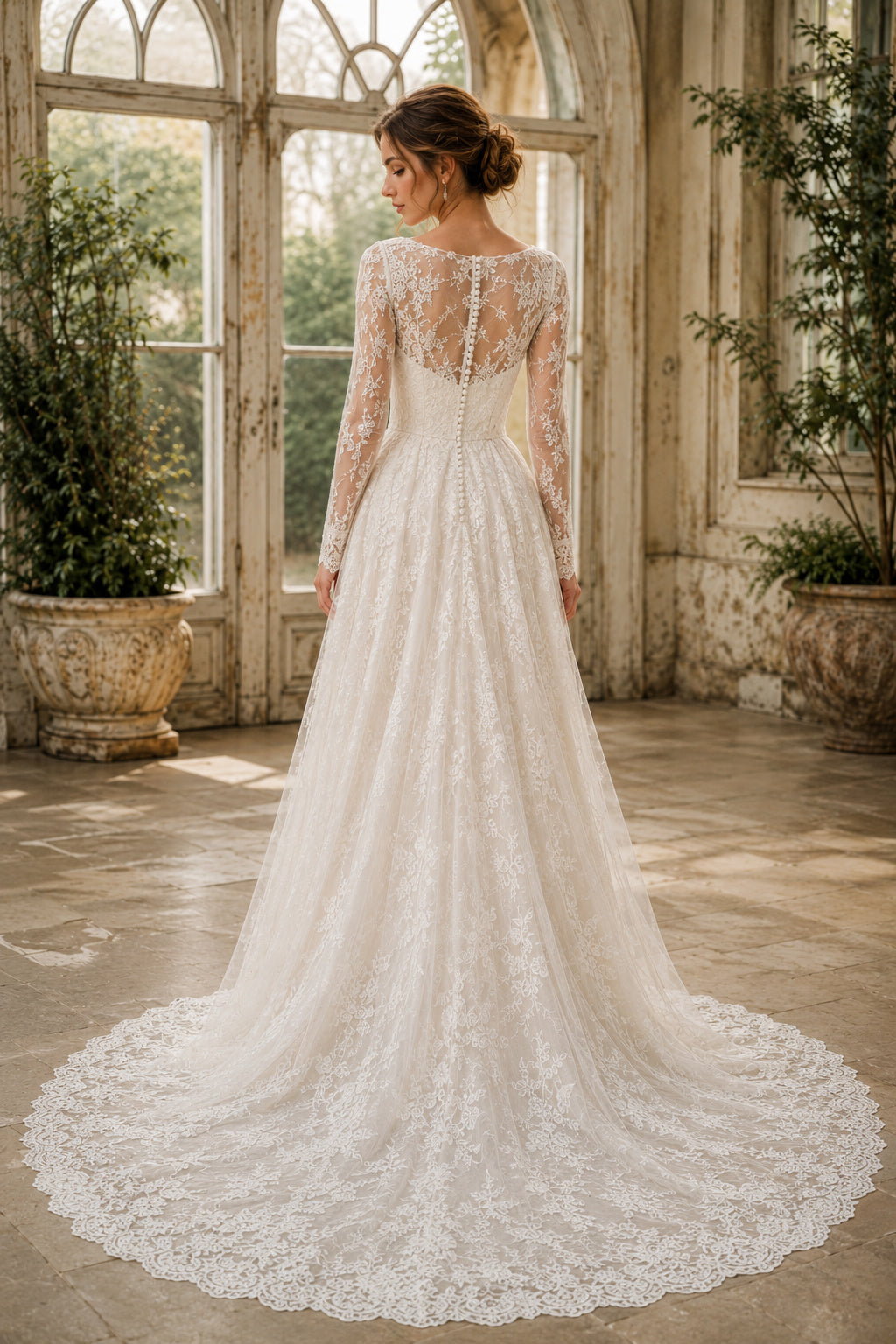 Ivory Bateau Illusion Long Sleeve Lace A-Line Wedding Dress with Sweep Train back view