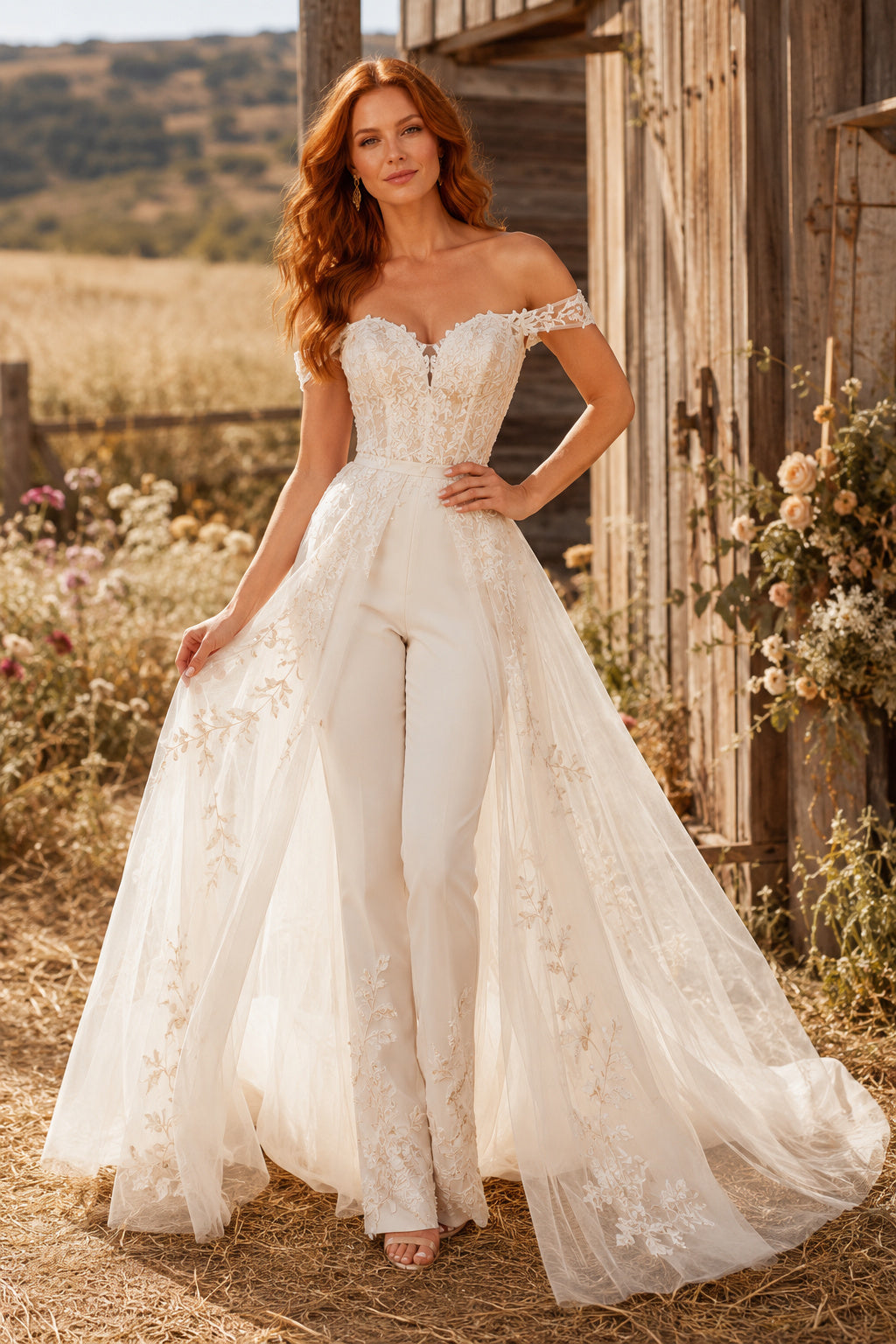 Ivory Off-the-Shoulder Lace Bridal Jumpsuit with Split Tulle Overskirt front view