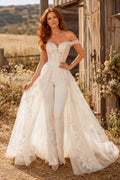 Ivory Off-the-Shoulder Lace Bridal Jumpsuit with Split Tulle Overskirt front view