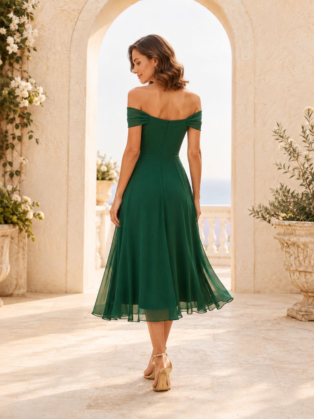 Emerald Green Off Shoulder Chiffon Tea Length A Line Dress back view