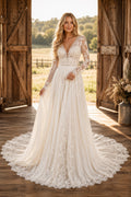 Long Sleeve V-Neck A-Line Wedding Dress with Dense Lace Appliques and Chapel Train front view