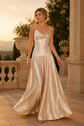 Drop Waist Evening Gown Champagne Satin A-Line Cowl Neck Sleeveless Floor Length front view