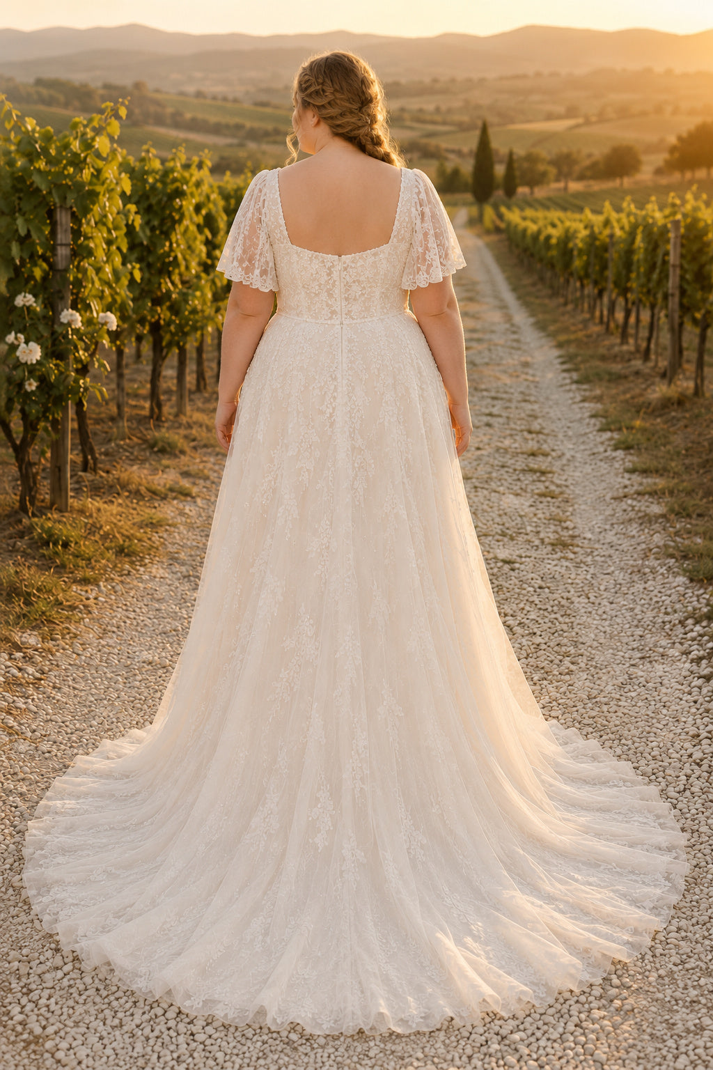 Ivory Plus Size Square Neck Lace A-Line Wedding Dress with Short Sleeves and Sweep Train back view