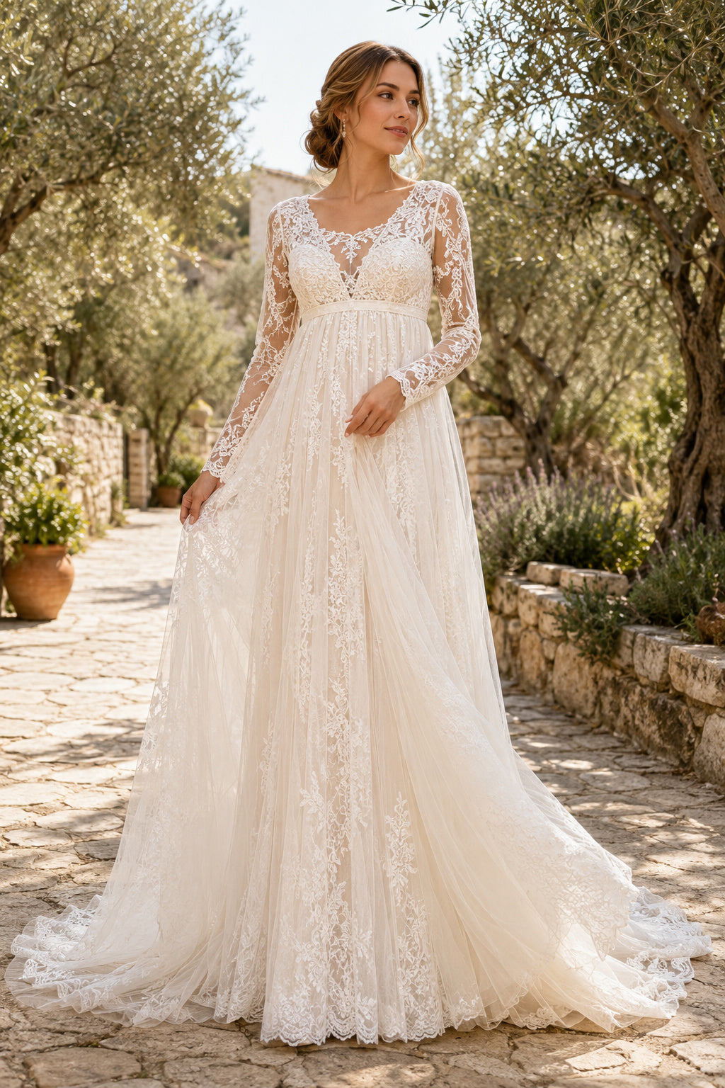 High Neck Long Sleeve A-Line Wedding Dress with Lace Bodice and Full Tulle Train front view