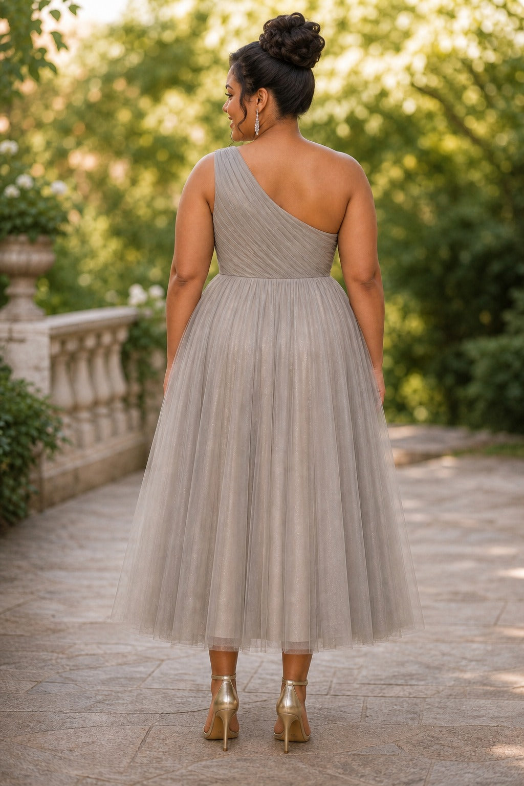 Gray Halter Tea-Length Tulle A-Line Dress