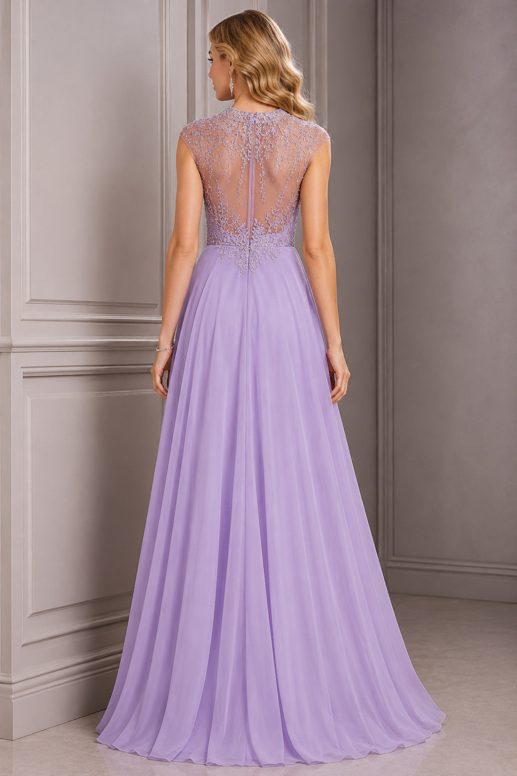 Lavender High Neck Chiffon A-Line Formal Dress with Beaded Illusion Bodice back view