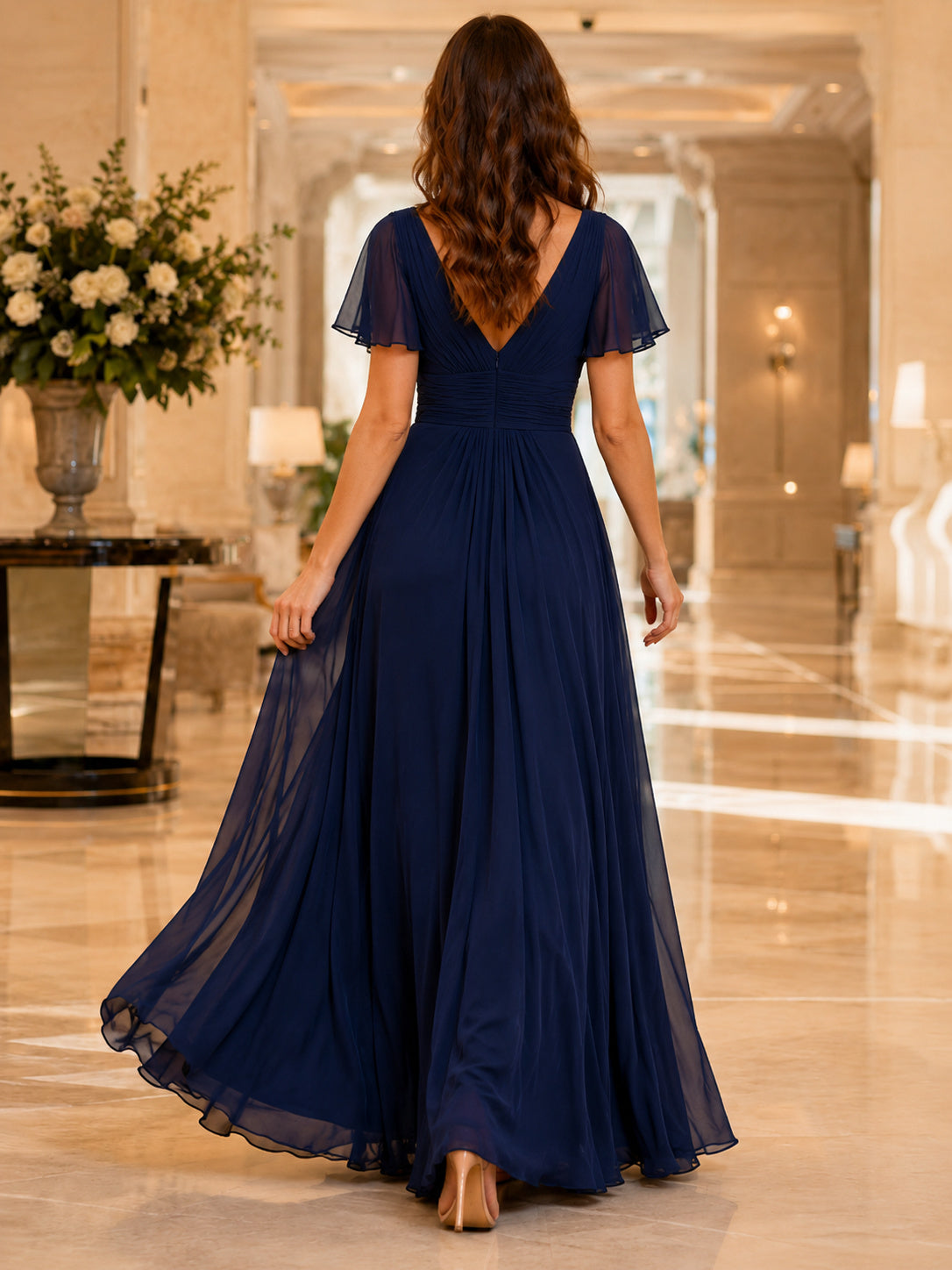 Dark Navy Chiffon V-Neck Flutter Sleeve Evening Gown back view