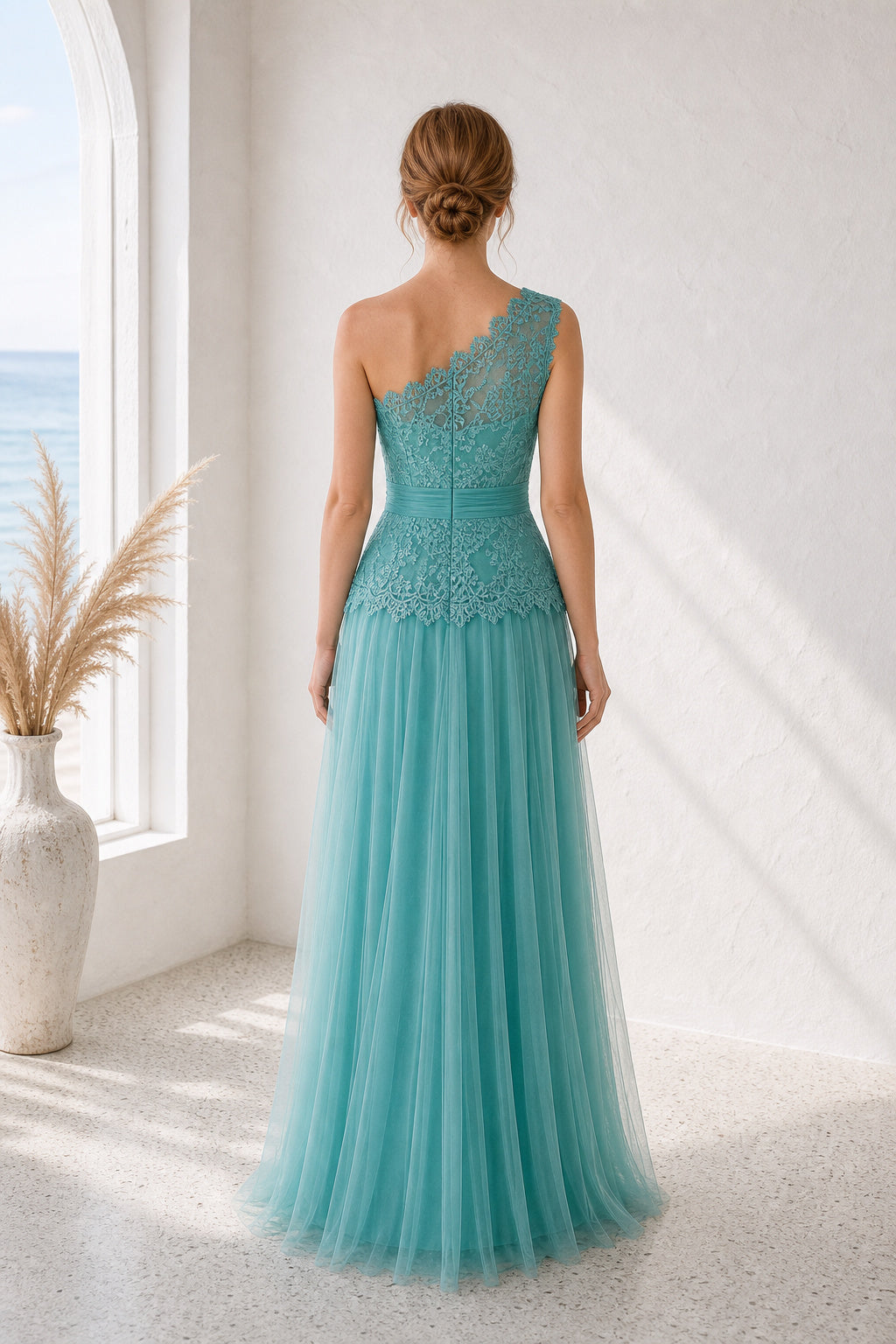 Turquoise One-Shoulder A-Line Tulle Floor-Length Dress With Dropped Waist