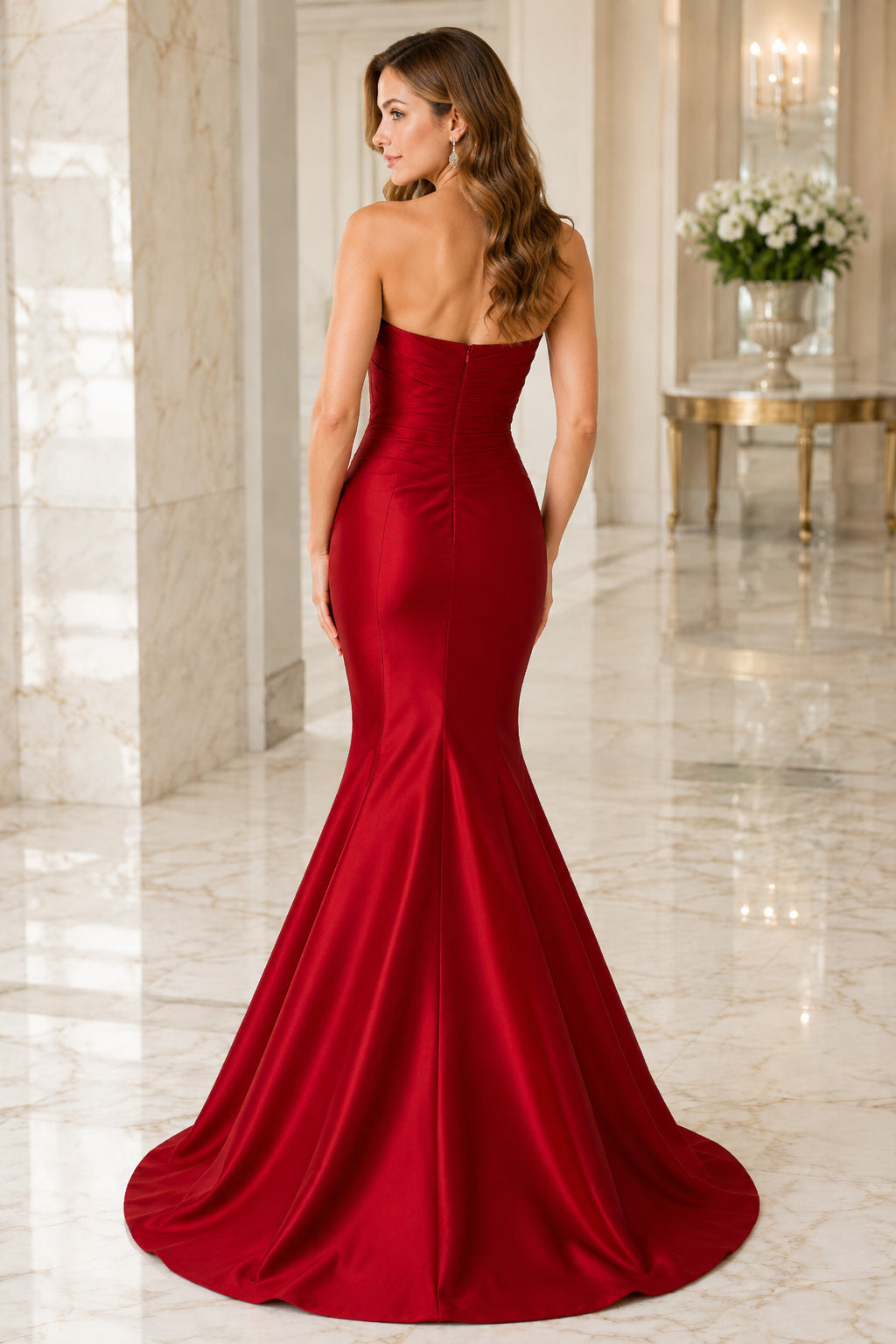 Red Strapless Sweetheart Satin Mermaid Formal Dress back view