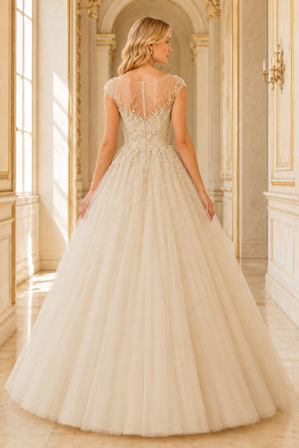Champagne Lace Illusion Ball Gown with Cap Sleeves and Full Tulle Skirt Floor Length Ball Gown Wedding Dress back view