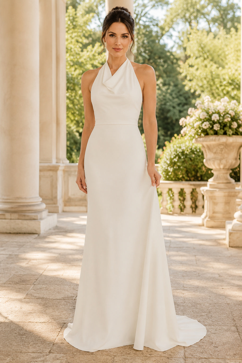 Ivory halter sheath wedding dress with open back and sweep train Floor-length And Sweep/Brush Train Sheath Wedding Dress fron