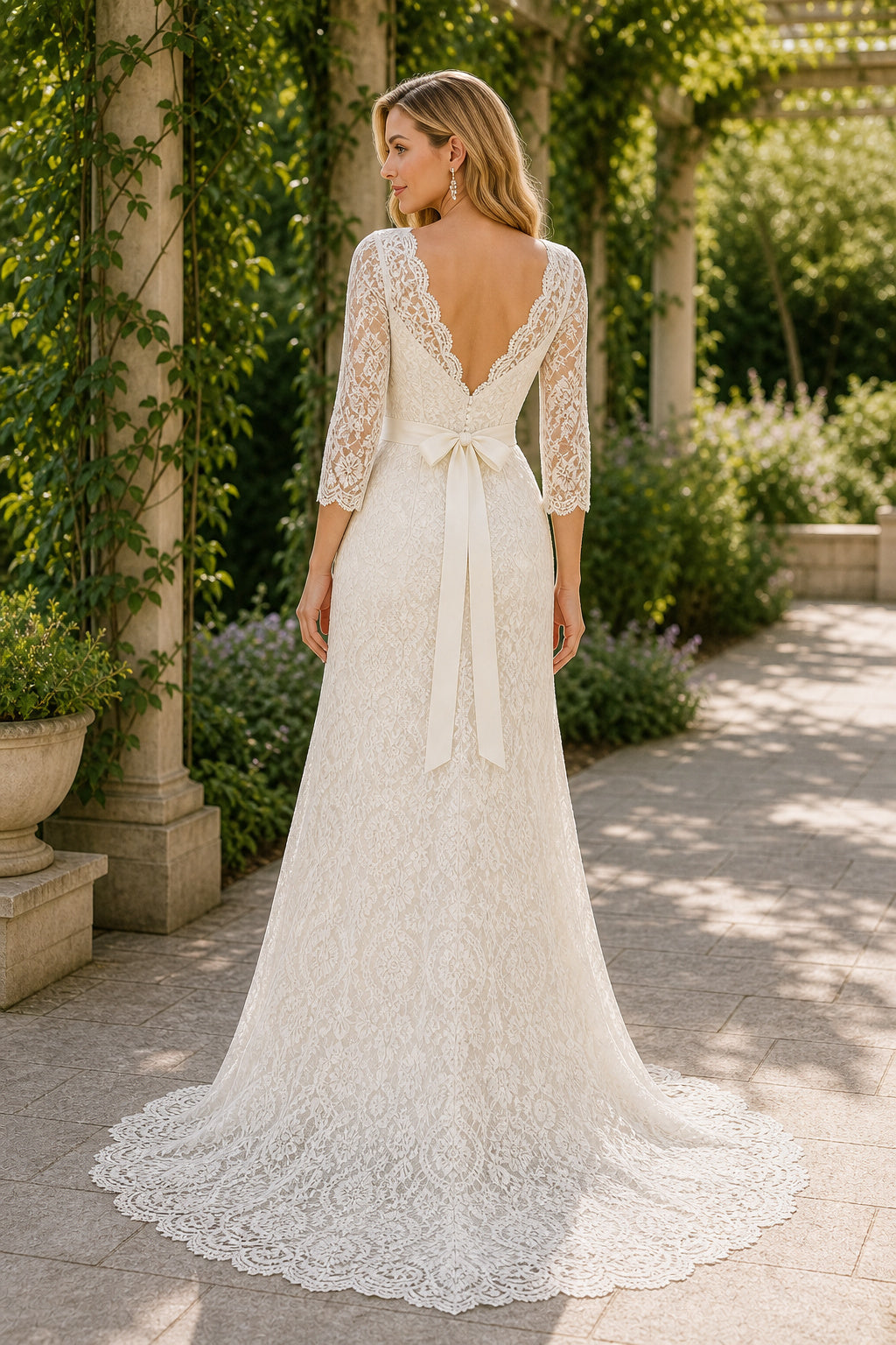 White V-neck Long Sleeves Sheath Lace Floor-length Wedding Dress With Lace and Train and Open Back