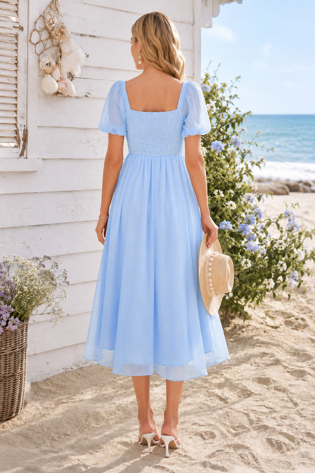 Sky Blue Square Neck Puff Sleeve Simple Tulle Skirt Tea Length A-Line Bridesmaid Dress back view