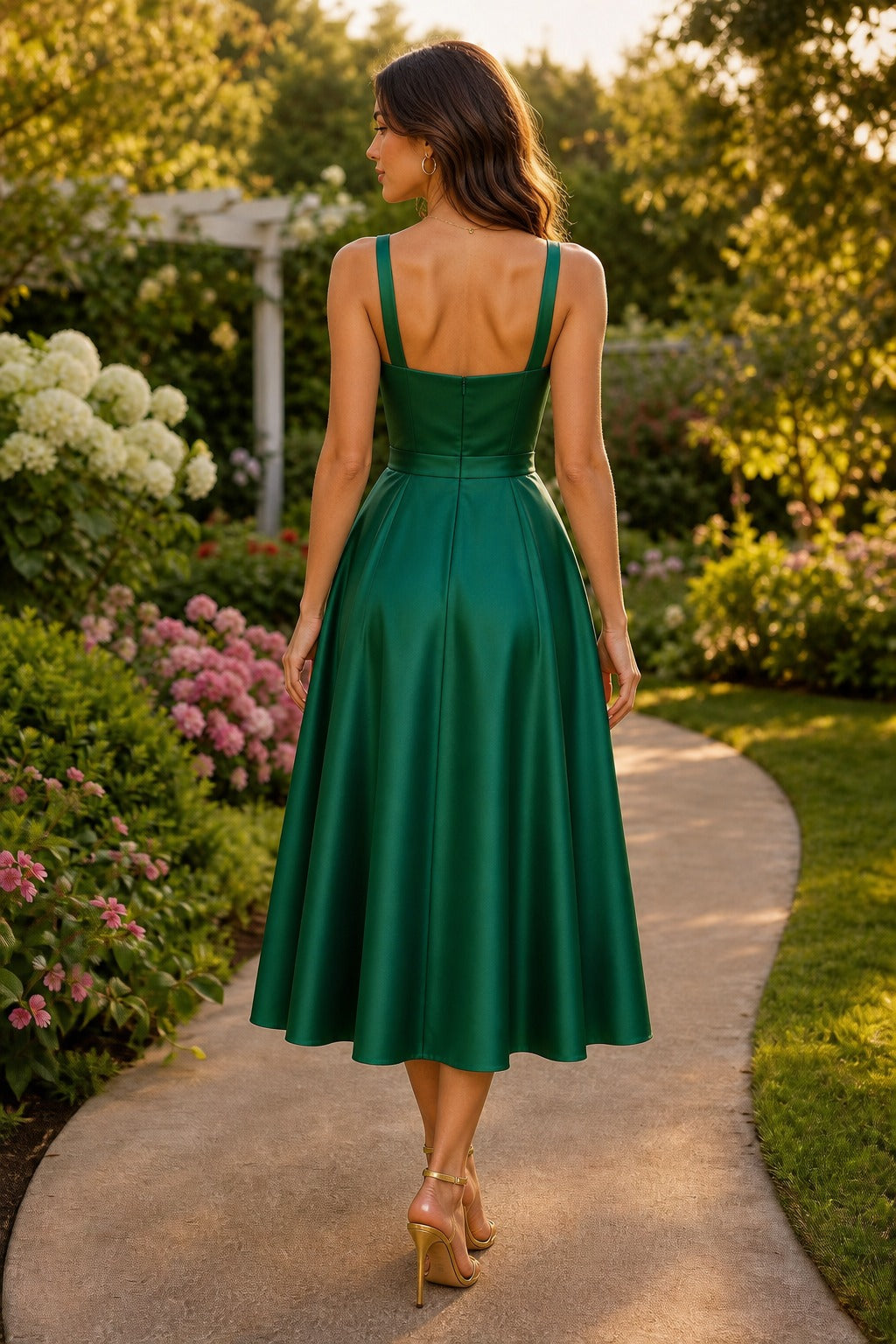 Emerald V-Neck Tea-Length Satin A-Line Dress