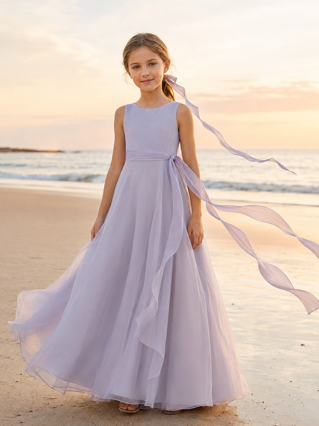 Flower Girl Dress Lavender Chiffon A-Line Sleeveless V Neck Floor Length Sash Detail front view