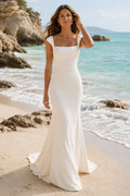 White Square Neck Stretch Satin Mermaid Wedding Dress Sweep Train for Bridal Ceremony and Reception front view