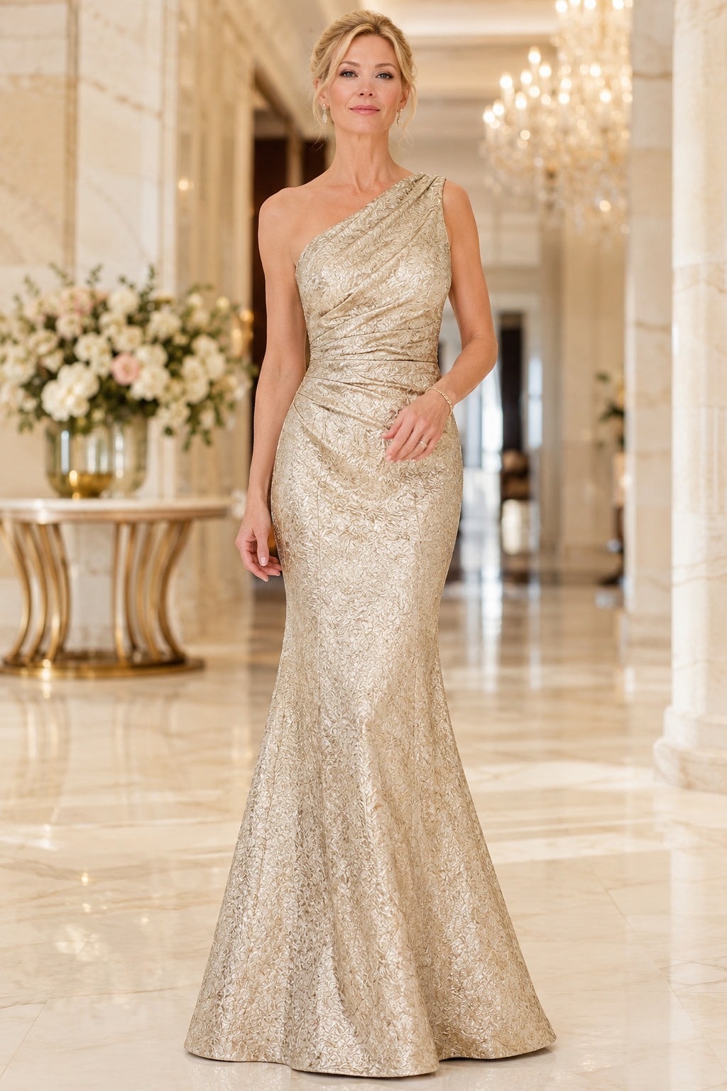 Champagne One Shoulder Metallic Mermaid Mother Dress for Mother and Formal Events front view