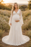 Ivory Long Bell Sleeve Lace Maternity Wedding Dress with V-Neck front view