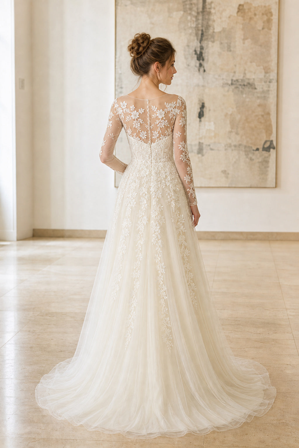 White V-neck Flutter Sleeves A-Line Satin Floor-length Wedding Dress With Beaded Bodice and Pleated Skirt and Open Back