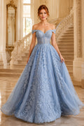 Sky Blue Off-the-Shoulder Lace Ball Gown Prom Dress with Full Tulle Skirt front view