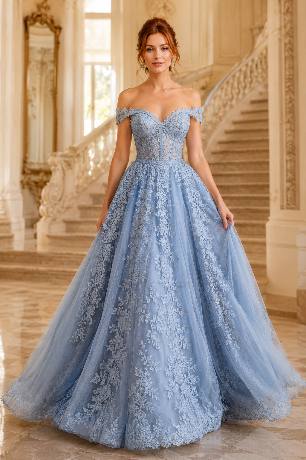 Sky Blue Off-the-Shoulder Lace Ball Gown Prom Dress with Full Tulle Skirt front view