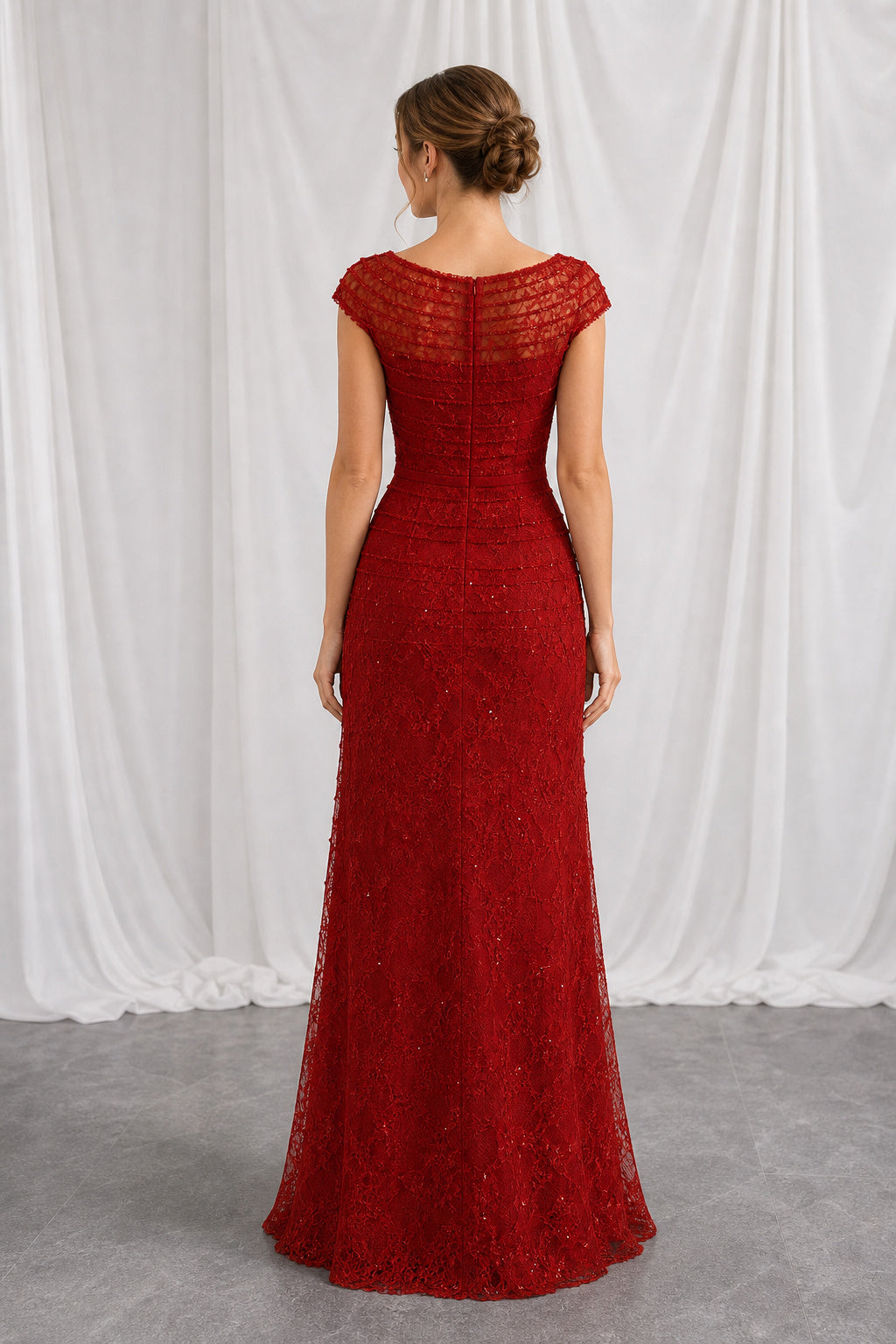 Red Bateau Cap Sleeve Mermaid Lace Floor-Length Dress