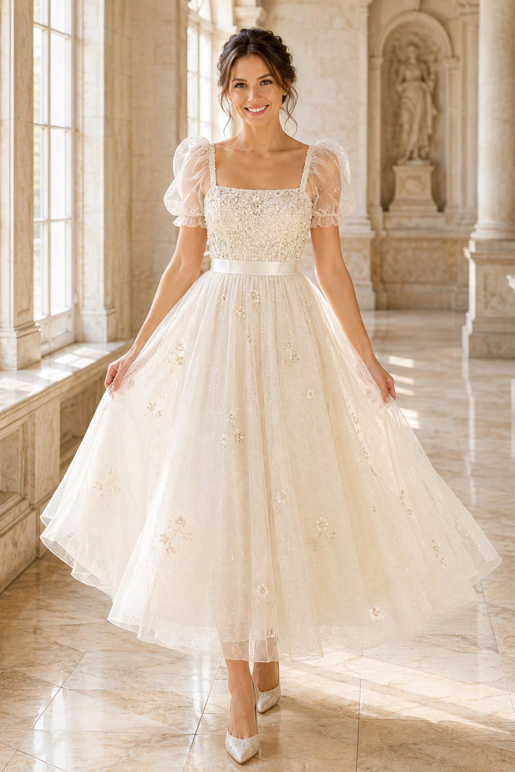 Ivory Puff Lace Sleeve Square Neck Dress with Tulle Skirt Tea Length A-Line Wedding Dress front view